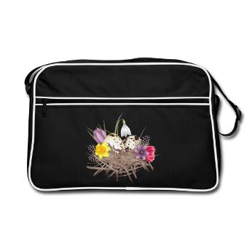 Nid de printemps avec des œufs, des plumes et des fleurs de printemps - Sac Retro - noir/blanc - Devant