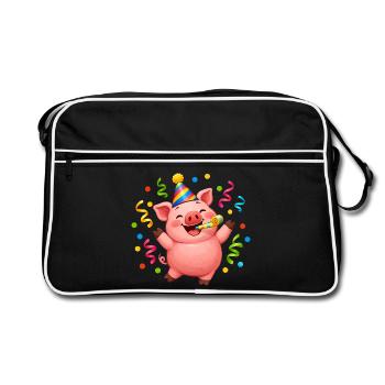 Schwein Party machen Karneval Fasching Silvester - Retro Tasche - Schwarz/Weiß - Vorne