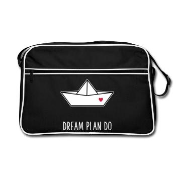 Dream Plan Do - Papierboot Schiffchen Herz - Retro Tasche - Schwarz/Weiß - Vorne