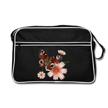 Papillon paon oeil avec des fleurs roses - Sac Retro - noir/blanc - Devant