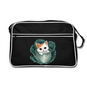 Kitten Peeking from Cabbage Leaf - Retro Bag - black/white - Front
