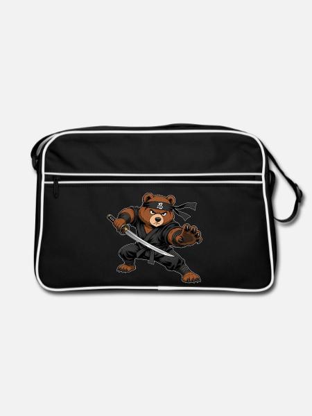 Ninja Bär mit Katana – Samurai Kämpfer - Retro Tasche - Schwarz/Weiß
