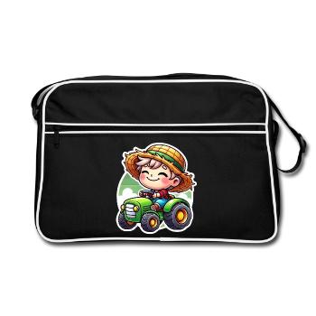 Petit garçon au chapeau de paille conduisant un tracteur vert - Sac Retro - noir/blanc - Devant