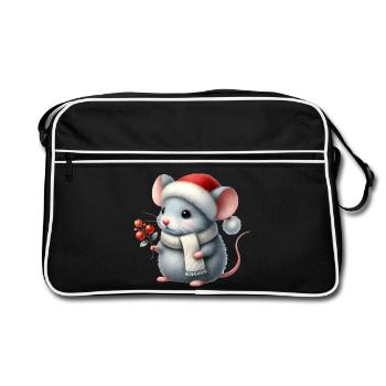 Cute Mouse with Santa Hat and Berry Branch - Retro Bag - black/white - Front