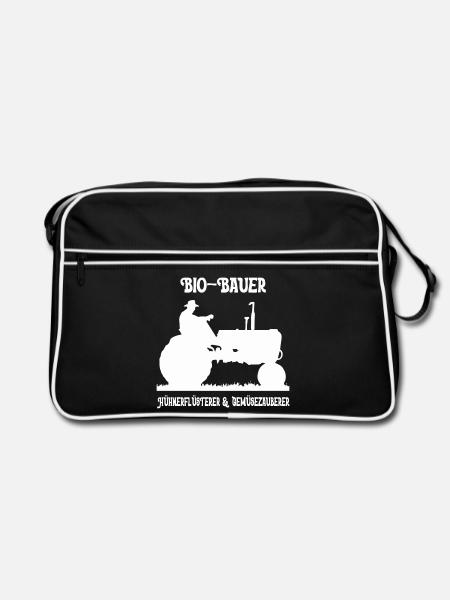 Bio Bauer Traktor Silhouette - Retro Tasche - Schwarz/Weiß - Vorne