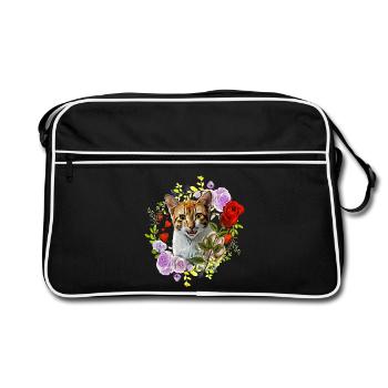 Katze lachend mit Rose für die Liebe - Retro Tasche - Schwarz/Weiß - Vorne