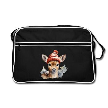 Rehkitz mit Mütze - Retro Tasche - Schwarz/Weiß - Vorne