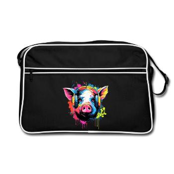 Schwein mit Kopfhörer Tiere Schweine - Retro Tasche - Schwarz/Weiß - Vorne