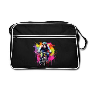 Affe mit Mountainbike Fahrrad Schimpanse Affen - Retro Tasche - Schwarz/Weiß - Vorne