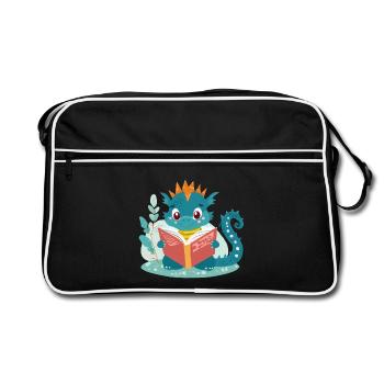 Kleiner Drache mit Buch - Retro Tasche - Schwarz/Weiß - Vorne