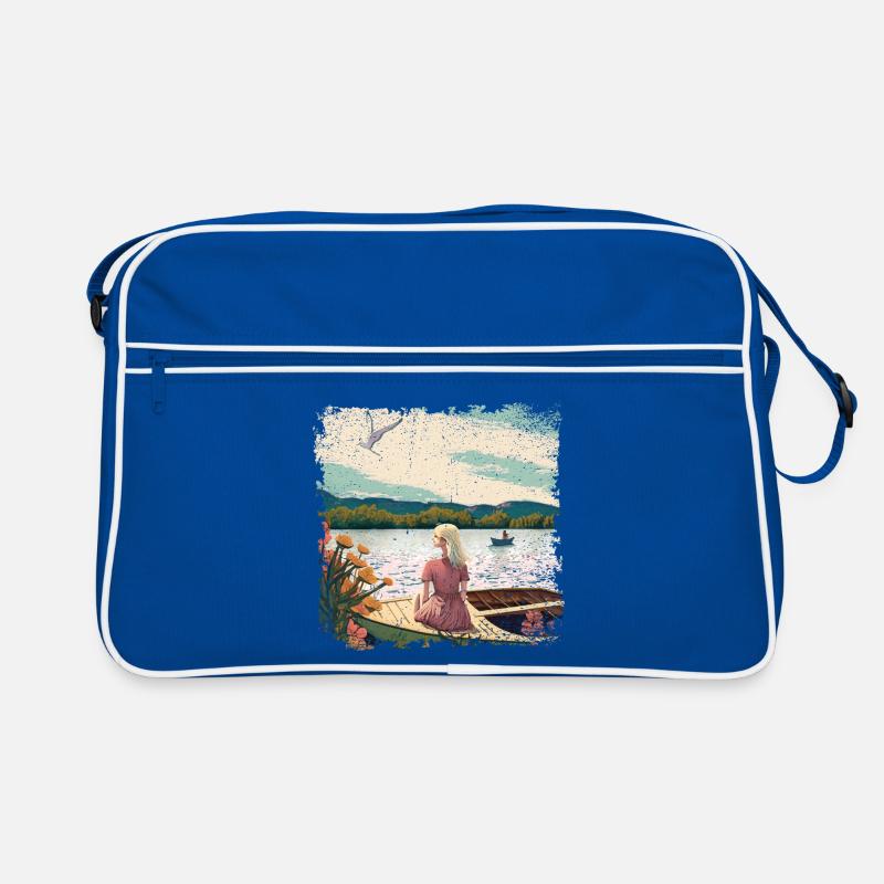 Frau sitzt im Boot am Wasser Retro Tasche