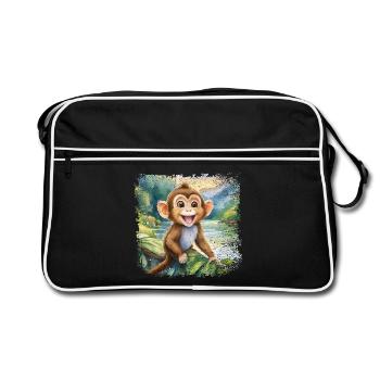 Cute young monkey, cheerful by the river - Retro Bag - black/white - Front