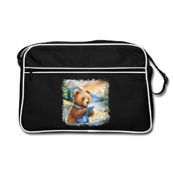 Cute young brown bear with mobile phone - Retro Bag - black/white - Front