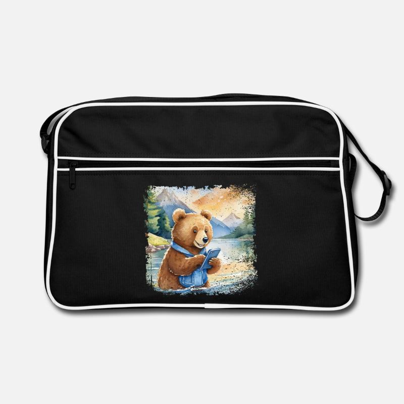 Niedlicher junger Braunbär mit Handy - Retro Tasche - Schwarz/Weiß