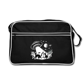 Alien Ufos Ufo Katze Katzen Geschenk - Retro Tasche - Schwarz/Weiß - Vorne