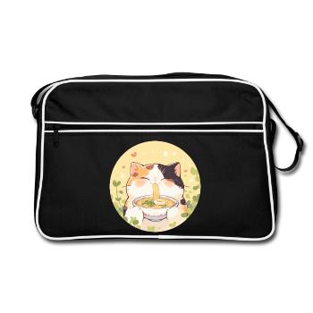 Katze isst Ramen - Retro Tasche - Schwarz/Weiß - Vorne
