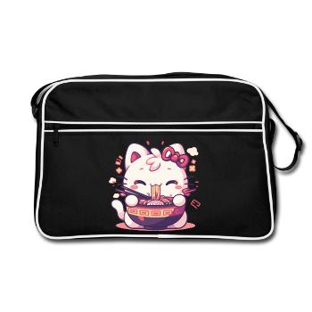 Katze isst Ramen - Retro Tasche - Schwarz/Weiß - Vorne