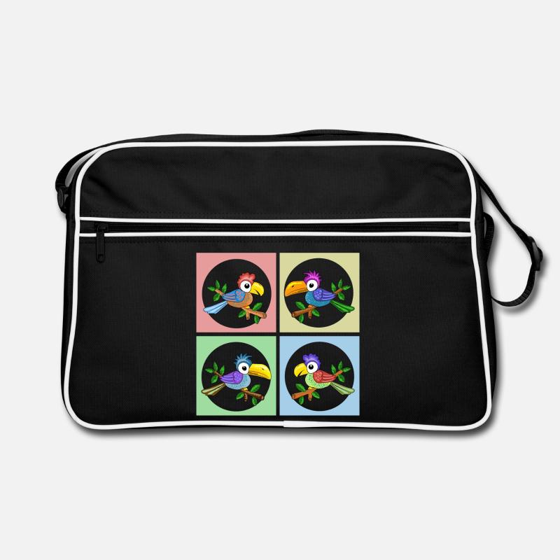 Bunte Papageien in Farbanimation Retro Tasche