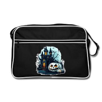 Spukhaus mit leuchtenden Kürbissen - Retro Tasche - Schwarz/Weiß - Vorne