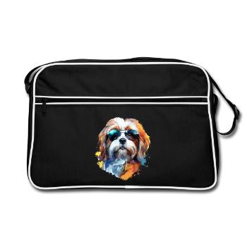 Lhasa Apso mit Sonnenbrille - Retro Tasche - Schwarz/Weiß - Vorne