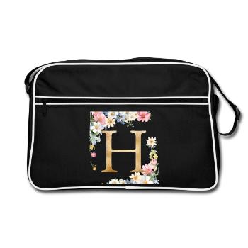 H Monogramm, Floral, personalisierbar - Retro Tasche - Schwarz/Weiß - Vorne