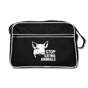 Tierwohl | Schweineprotest Stop Eating Animals - Retro Tasche - Schwarz/Weiß - Vorne