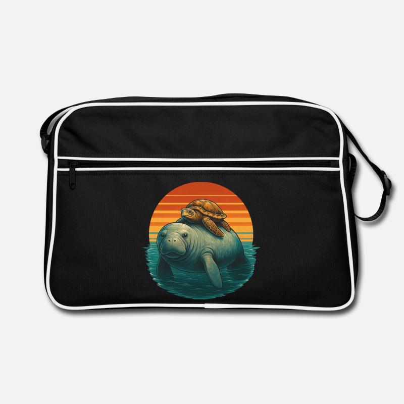 Manatee Schildkröte Ozean Freunde - Retro Tasche - Schwarz/Weiß
