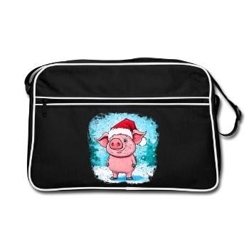 Schweinchen Weihnachten - Retro Tasche - Schwarz/Weiß - Vorne