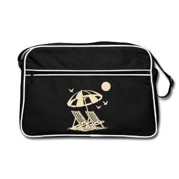 Strandurlaub mit Liegestühlen unter Sonnenschirm - Retro Tasche - Schwarz/Weiß - Vorne
