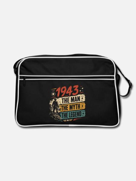 Geburtstag, geboren 1943 – Mannmythos – Legende - Retro Tasche - Schwarz/Weiß - Vorne