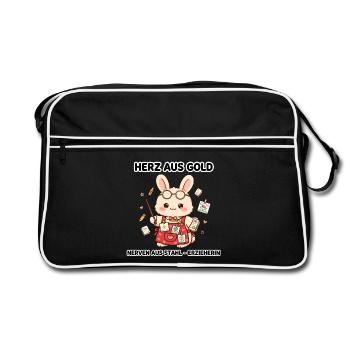 Herz aus Gold Nerven aus Stahl - Erzieherin Hase - Retro Tasche - Schwarz/Weiß - Vorne