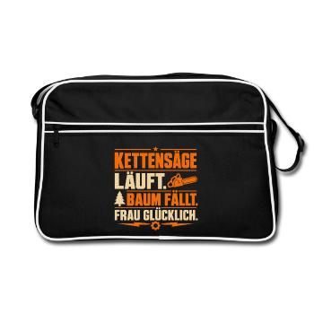 Kettensäge Läuft Baum Fällt Frau Glücklich - Retro Tasche - Schwarz/Weiß - Vorne