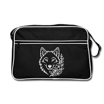 Wolf mit Blumen Elegante Natur Kunst - Retro Tasche - Schwarz/Weiß - Vorne