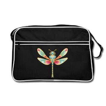 Magische Libelle im Buntglas-Stil - Retro Tasche - Schwarz/Weiß - Vorne