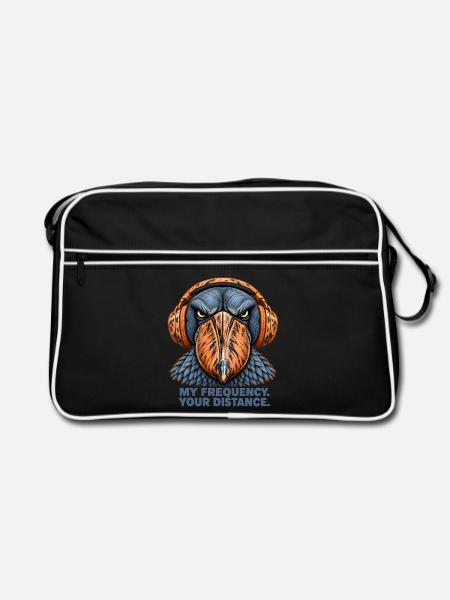 Shoebill mit Kopfhörern – My Frequency Your Dista - Retro Tasche - Schwarz/Weiß