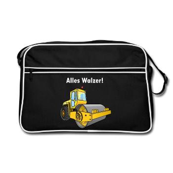 Dampfwalze, Alles Walzer, niederwalzen, Straßenbau - Retro Tasche - Schwarz/Weiß - Vorne