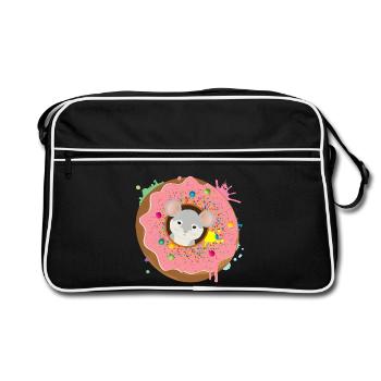 grey mouse sitting in the donut with pink glaze - Retro Bag - black/white - Front
