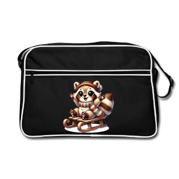 Cheerful raccoon on sleigh – winter fun motif - Retro Bag - black/white - Front