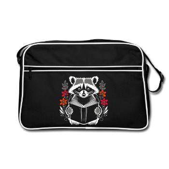 Reading cute raccoon with book and flowers - Retro Bag - black/white - Front