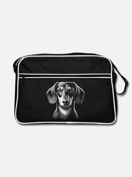 Süßer Dackel-Kopf als schwarz weiß Porträt - Retro Tasche - Schwarz/Weiß - Vorne