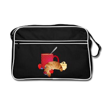 Breakfast still life with croissant, coffee, berries - Retro Bag - black/white - Front