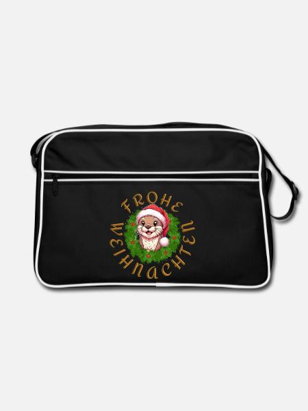 Weihnachts-Otter Kollektion: Festlicher Otter - Retro Tasche - Schwarz/Weiß