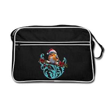 Cute Christmas bird sitting on a covered branch - Retro Bag - black/white - Front