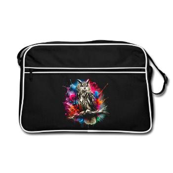 Bunte Eule mit coolen Farbspritzer - Retro Tasche - Schwarz/Weiß - Vorne