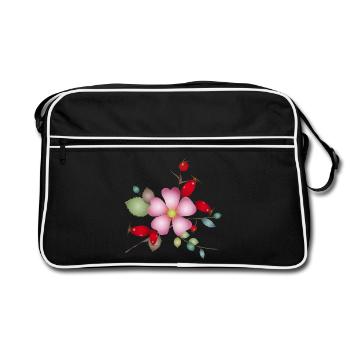 Rose hips and dog rose blossom – nature motif - Retro Bag - black/white - Front
