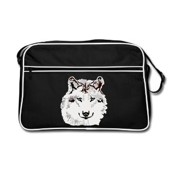 Weisser Wolf blaue Augen - Retro Tasche - Schwarz/Weiß - Vorne