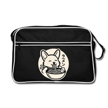 Happy Corgi Dog Eating Ramen Noodles - Retro Bag - black/white - Front