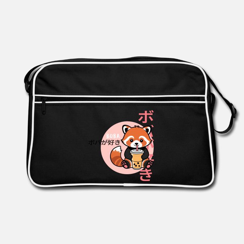 Red Panda Loves Bubble Tea – Kawaii Boba Design - Retro Bag - black/white