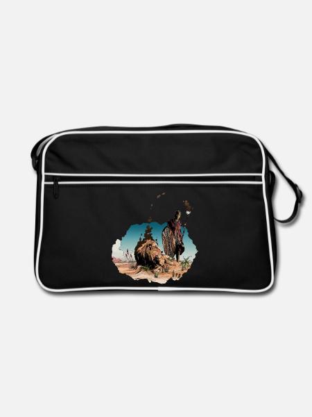 Afrikanischer Krieger & Löwe – Geist der Savanne - Retro Tasche - Schwarz/Weiß