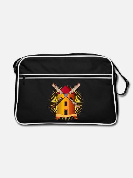goldene Windmühle mit strahlendem Hintergrund - Retro Tasche - Schwarz/Weiß - Vorne